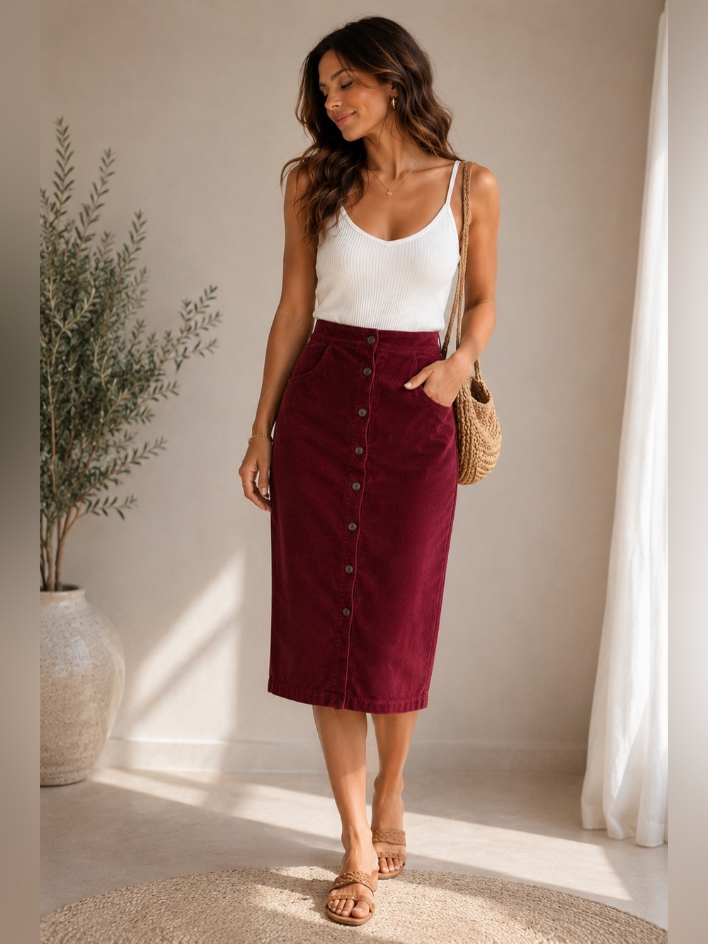 d&co. Denim + Company Burgundy Velvet Button Front Midi Skirt | Size M
